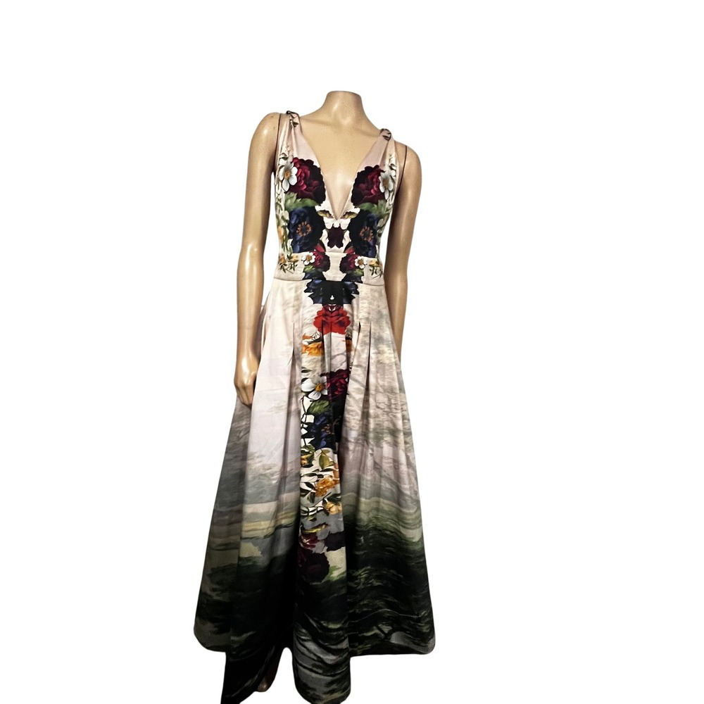 Alice + Olivia Forbidden Forest Floral Satin Maxi Gown Dress | Size 14 - Picture 5 of 7